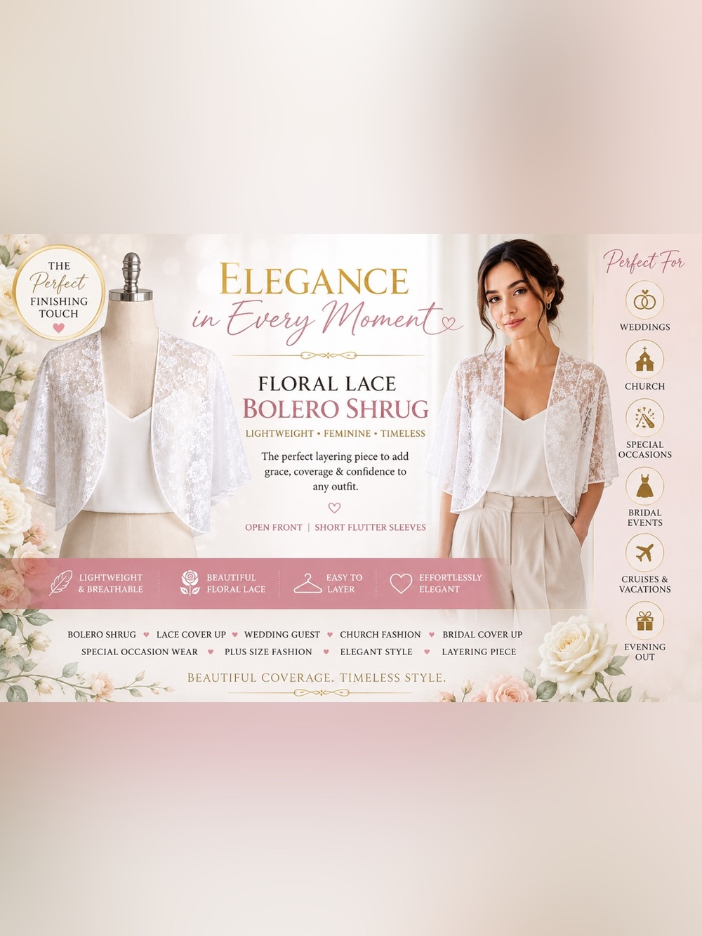 Elegant White Lace Bolero Shrug – Lightweight Sheer Floral Cover-Up - Picture 4 of 6